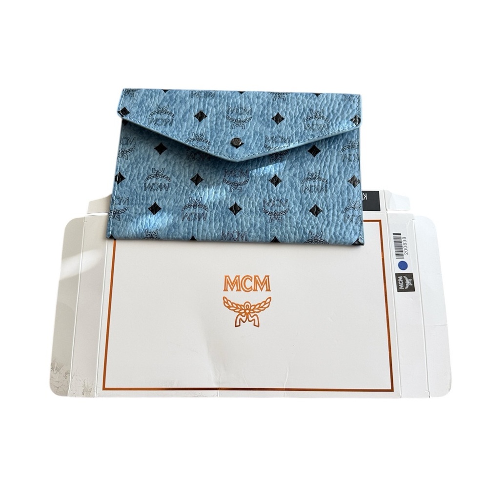 New MCM Blue Monogram Envelope Clutch